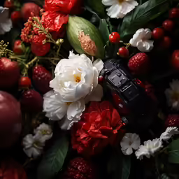 a bouquet of flowers, berries, and a toy car are on a pile of apples