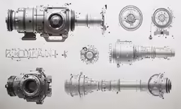 a collection of mechanical parts sit upon the white surface