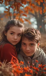 a boy and a girl in an autumny scene