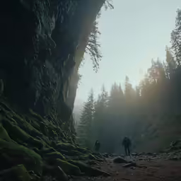 two people are walking in a foggy forest