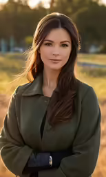 a woman wearing a green coat standing in front of some trees