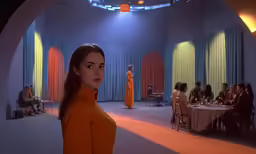 a woman standing in front of a dining room
