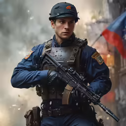 a man in blue uniform holding a rifle