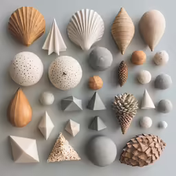 a number of shells and cones arranged in rows