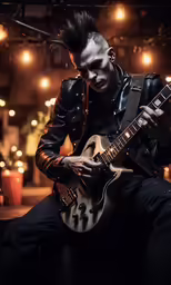 a man that is sitting down with an electric guitar