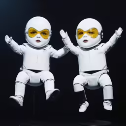 two white dolls with yellow glasses stand side by side