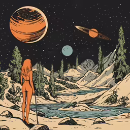 an image of a woman looking at planets