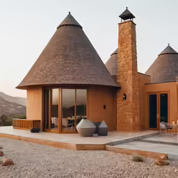 a desert - like home with two conical roofs is displayed