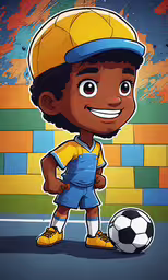 the african american boy is standing next to a soccer ball,a cartoon character, standing with his hands on his hips