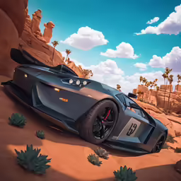 an illustration of a supercar with palm trees in the background