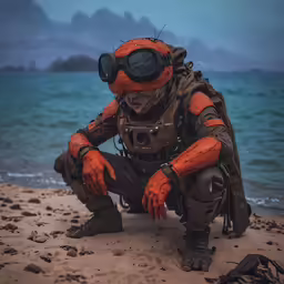 there is a man wearing scuba gear sitting on the sand