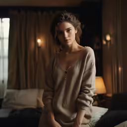 a woman in a tan sweater sitting on a bed