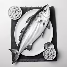 a fish and some bowls of pills on a plate