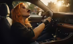 a beautiful woman with red hair sitting inside a car