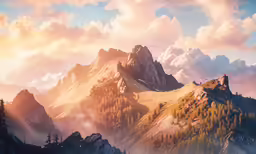 a painting of a mountain and pine trees