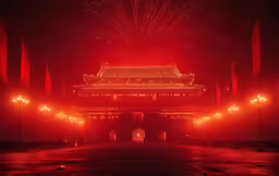 an asian style building with red lights at night