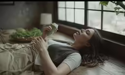 a young lady is laying down holding a green drink