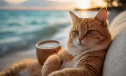 the cat has his paws on the pillow near the mug