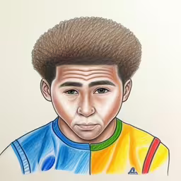 the face and shoulders of a young man with a very long, curly afro,a close up drawing of a boy with curly hair