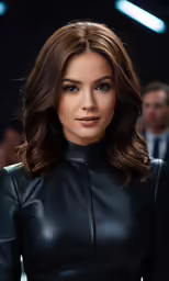 a model in a black leather top and hair