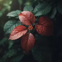 a leaf and flower are close together in the photo