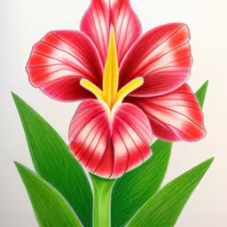the red flower is drawing in a colorful picture,a colorful flower with green leaves and red petals