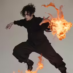 a person in the air with fire in their hand
