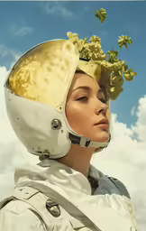 the woman has a helmet on her head and it looks like flowers are growing in the back of her head