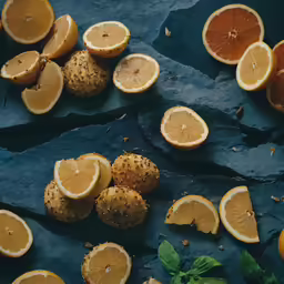 various citrus fruits and a couple slices with leaves