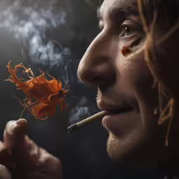 a man smoking something and looking at the ground