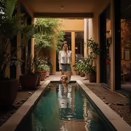 woman in white shirt next to pool with water running