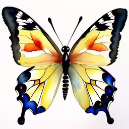a large yellow butterfly with many colors on it