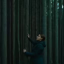 a young woman is standing in the woods