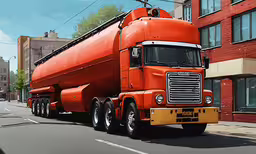 the orange truck is driving down the city street,an orange truck is stopped by a red brick building