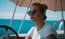 a girl wearing sunglasses and sitting on a boat with the ocean in the background