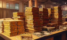 piles of mail in a warehouse next to a stack of stacks,several stacks of sheets sit on top of a table