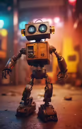 a toy robot standing in the street
