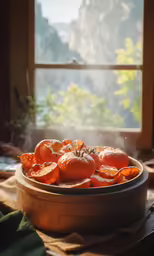 a wooden bucket full of oranges sitting next to a window