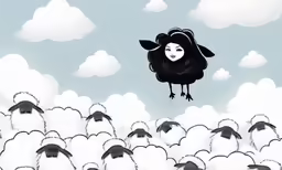 a black sheep with a white face and head with long legs flying above the clouds