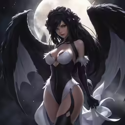 a woman with large wings standing in front of the moon