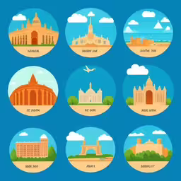 various symbols on the theme of different countries,some buildings and trees are shown in this blue and yellow image