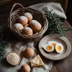 a basket filled with boiled eggs sitting next to other food items
