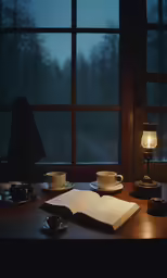 a book sitting on top of a table with a lit candle