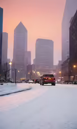 cars drive through a snowy city in a parking lot