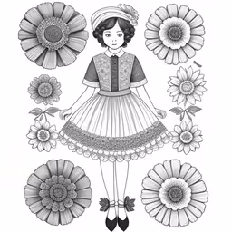 a girl with sunflowers and other flowers,black and white drawing of a girl in a dress surrounded by flowers,an illustration with sunflowers and a girl