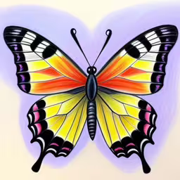 a drawing of a yellow and orange butterfly,a painting of a butterfly on a white surface,a butterfly drawing is shown in a colorful background,this is a drawing of a butterfly that can be used as wallpapers,the colorful butterfly is very colorful on this picture