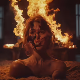 a woman with a fake body and makeup sits in front of a fireplace with fire