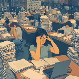 many people in the office with piles of books