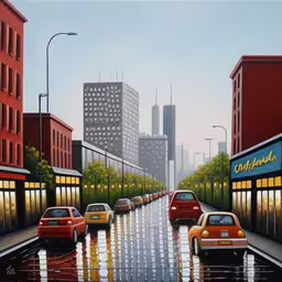 a picture of city streets with cars, buildings and billboards,a painting shows cars on a road with buildings in the background,an oil painting of cars riding on a road in the rain,cars parked at a traffic intersection on a rainy day,several cars are going down a busy street