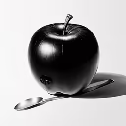 an apple is sitting on the table with spoon